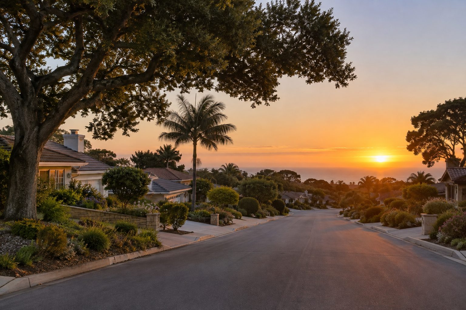 A Monterey County street at sunset, illustrative