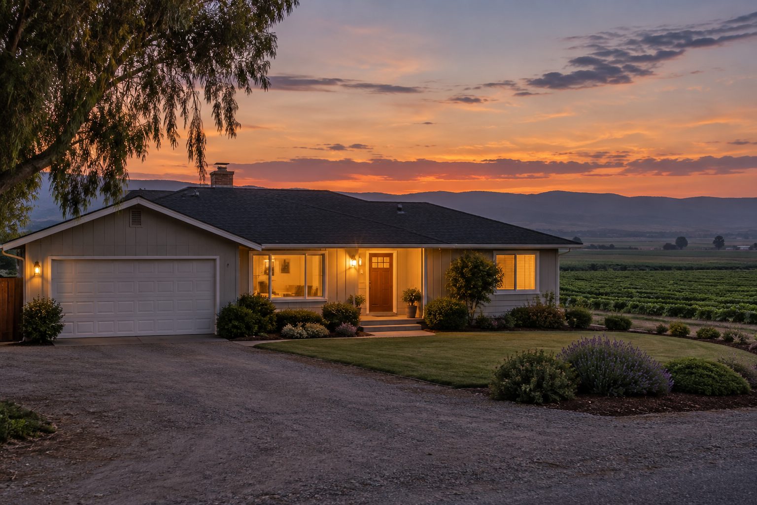 A Salinas Valley home exterior at dusk, illustrative